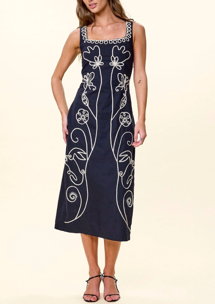 Cleobella Ruxandra Midi Dress in Black — front/side angle on model