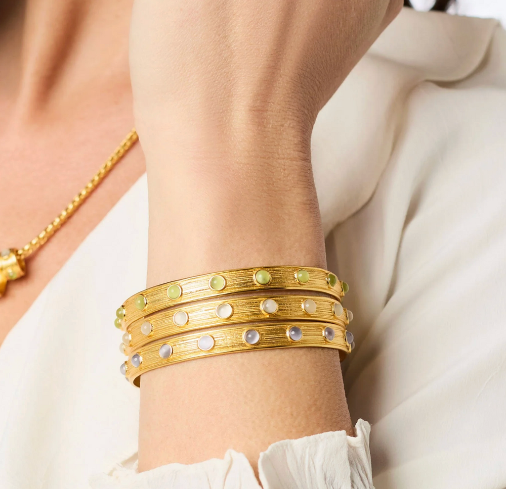 Julie Vos Cobblestone Multi Cat's Eye Stone Bangle Bracelet, on-model detail stacked with two coordinating stone bangles