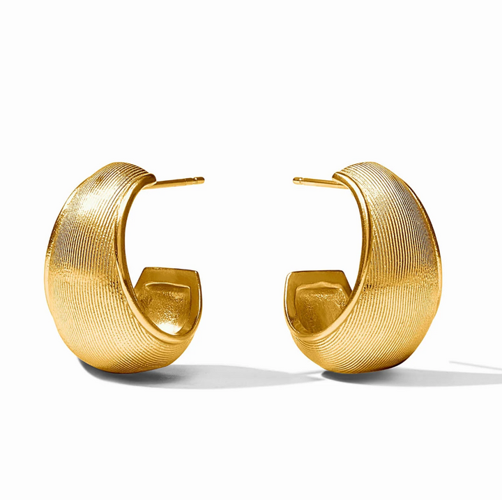 Julie Vos Cobblestone Statement Hoop Earring, product shot of pair of 24K gold plated earring backs showing hallmark stamp and stone detail.
