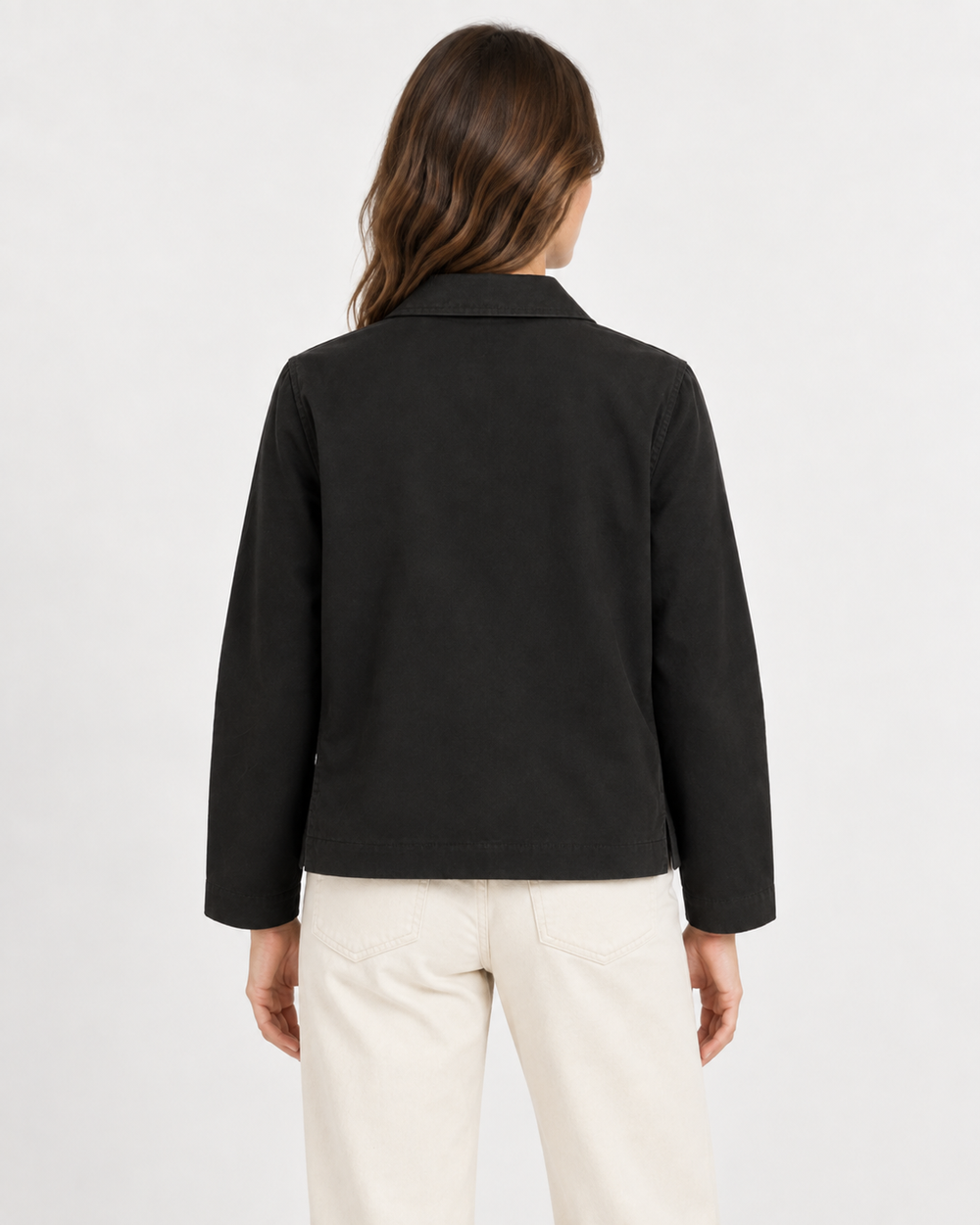 Elliott Lauren Easy Street Coat in Black, back view on model, showing the clean back panel, dropped shoulders, straight sleeves, and side slits at the hem