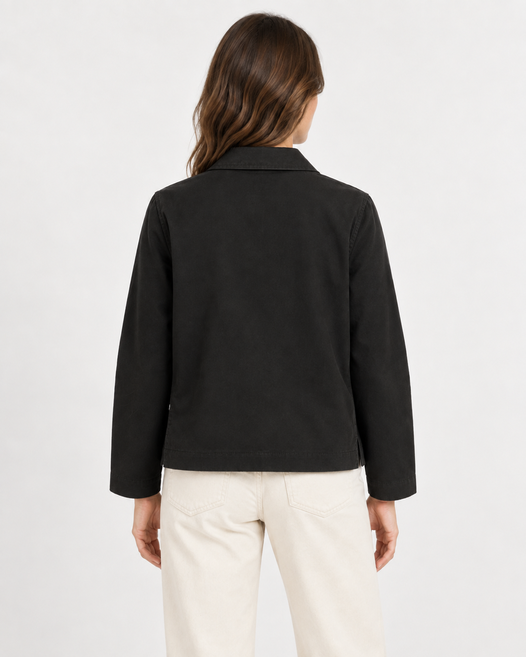 Elliott Lauren Easy Street Coat in Black, back view on model, showing the clean back panel, dropped shoulders, straight sleeves, and side slits at the hem