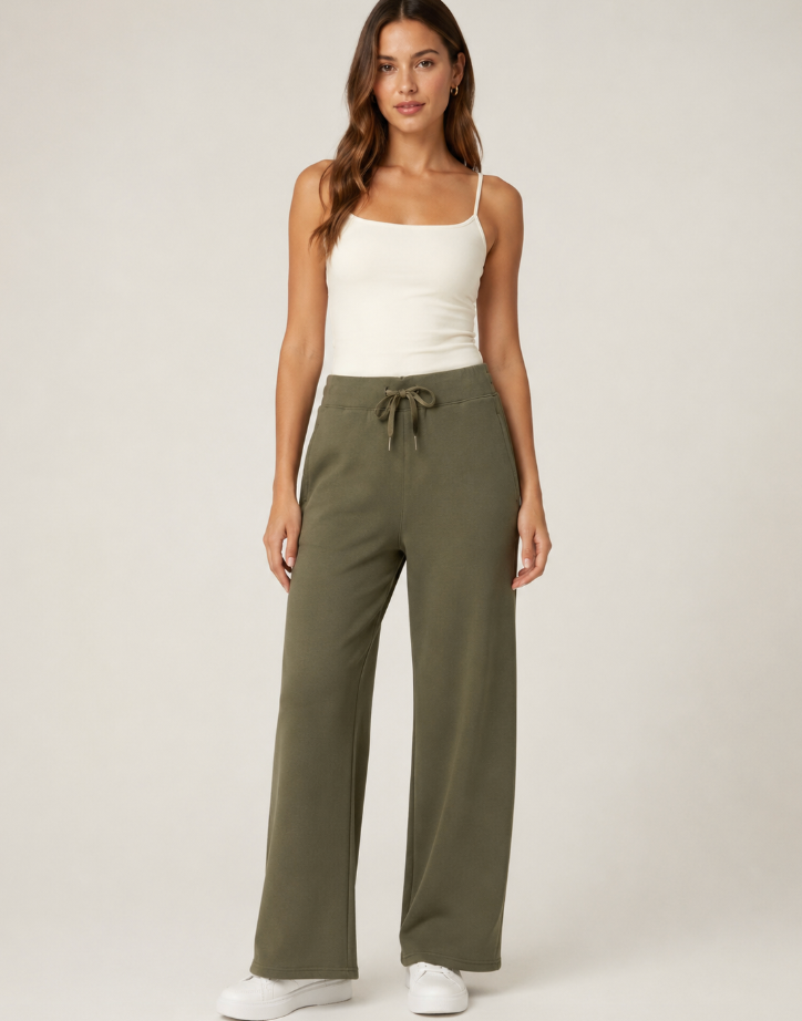 A woman modeling a pair of olive green wide-leg sweatpants with a drawstring waist, paired with a white camisole and white sneakers, against a light gray studio background.