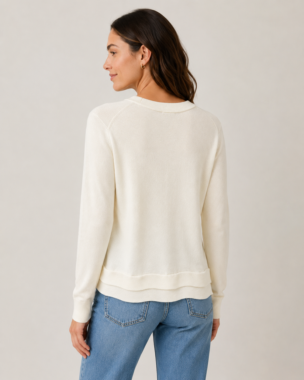 Elliott Lauren Cream Double Hem Detail Sweater, back view, showing raglan sleeve seaming and tiered ribbed hem.