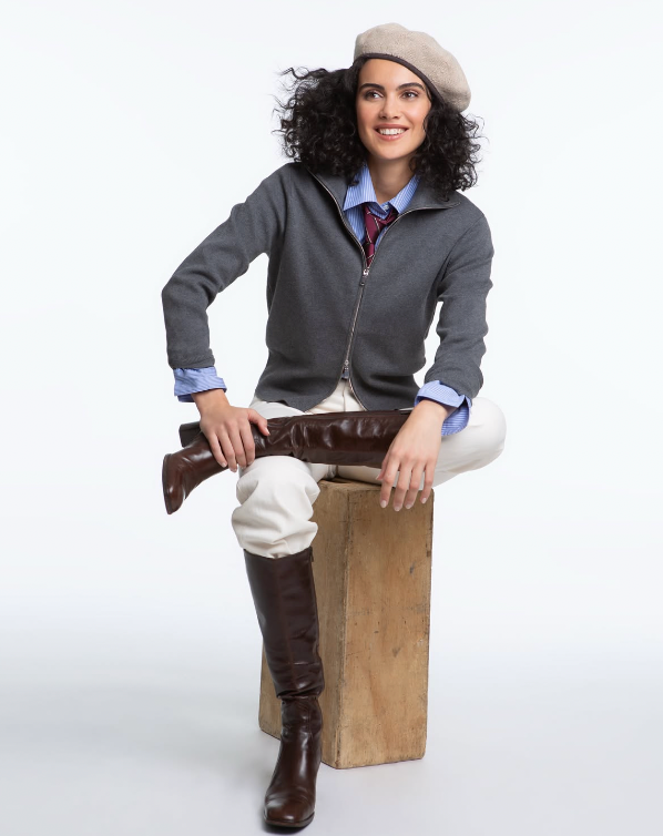 Elliott Lauren Zip Front Long Sleeve Cardigan in Charcoal, stand collar and full-zip front, worn over a striped button-down, front view seated on-model