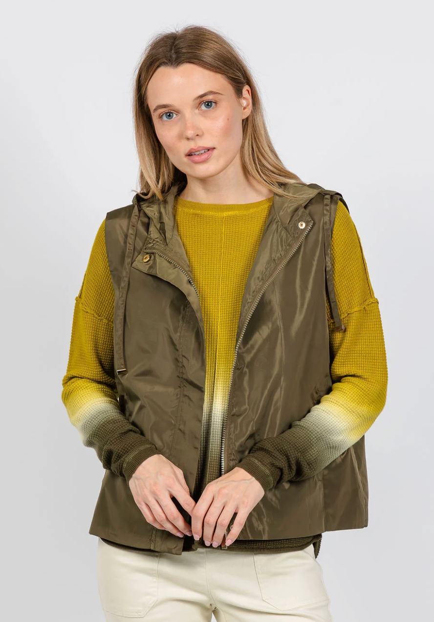 Elliott Lauren Zip Vest Olive — front view, close-up on model