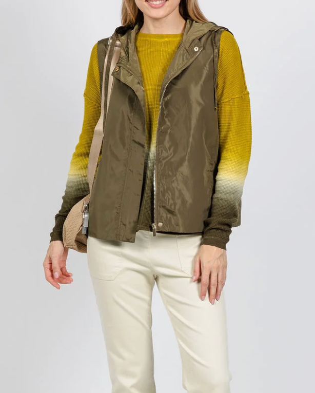 Elliott Lauren Zip Vest Olive — front view, styled with crossbody bag