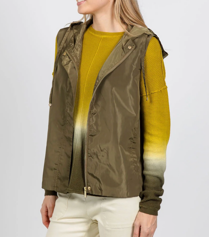 Elliott Lauren Zip Vest Olive — three-quarter side view, zip partially open