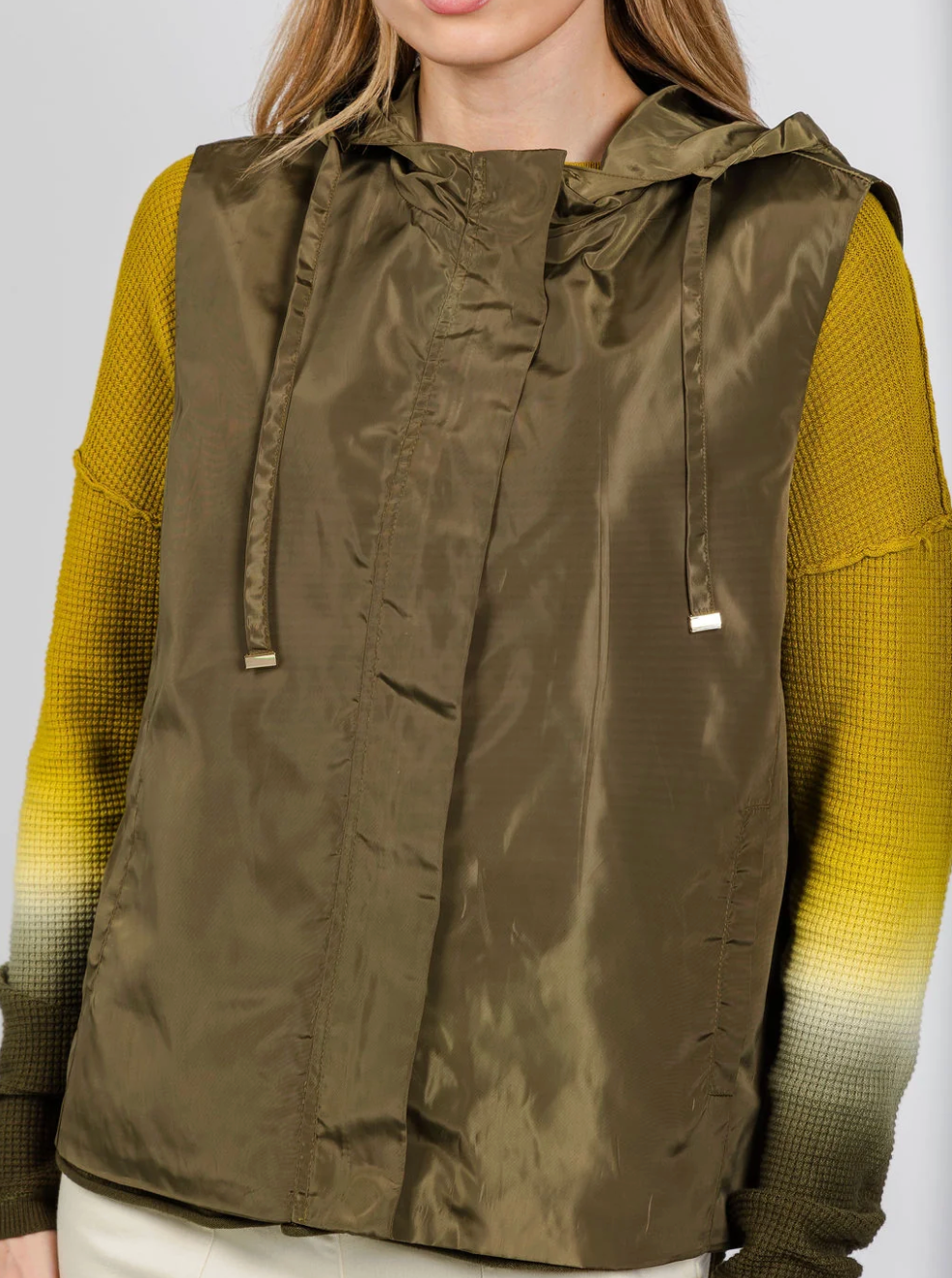 Elliott Lauren Zip Vest Olive — close-up front detail, hood and drawstring toggles
