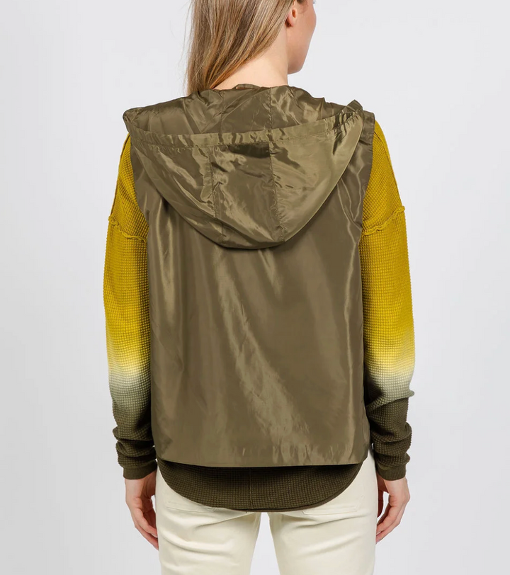 Elliott Lauren Zip Vest Olive — back view, full length, hood up