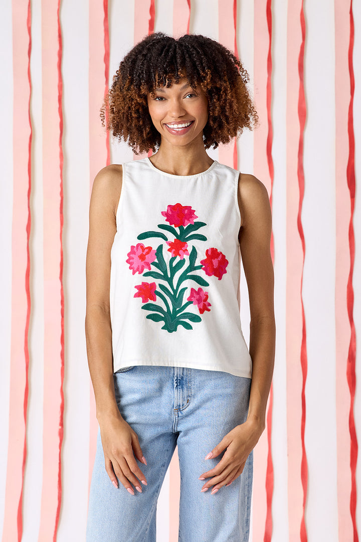 Crosby Elly Embroidered Tank Top in ivory with centered floral embroidery featuring coral, pink, and red blooms with deep green stems on crew neckline sleeveless silhouette.
