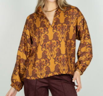 Emily McCarthy Long Sleeve Poppy Leone – closer front view, showing stand collar and print detail