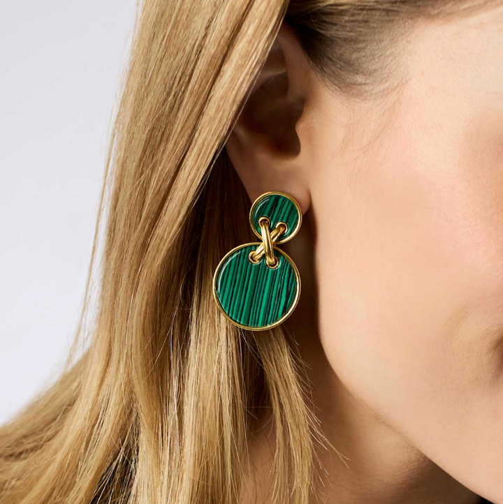 Close-up of a woman wearing the Essex Statement Earring in malachite green, showing the stacked discs against her ear and hair.