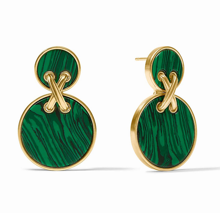 Front and side view of a pair of Essex Statement Earrings in malachite green, showing the two stacked gold-bezeled discs joined by a crossed gold link.