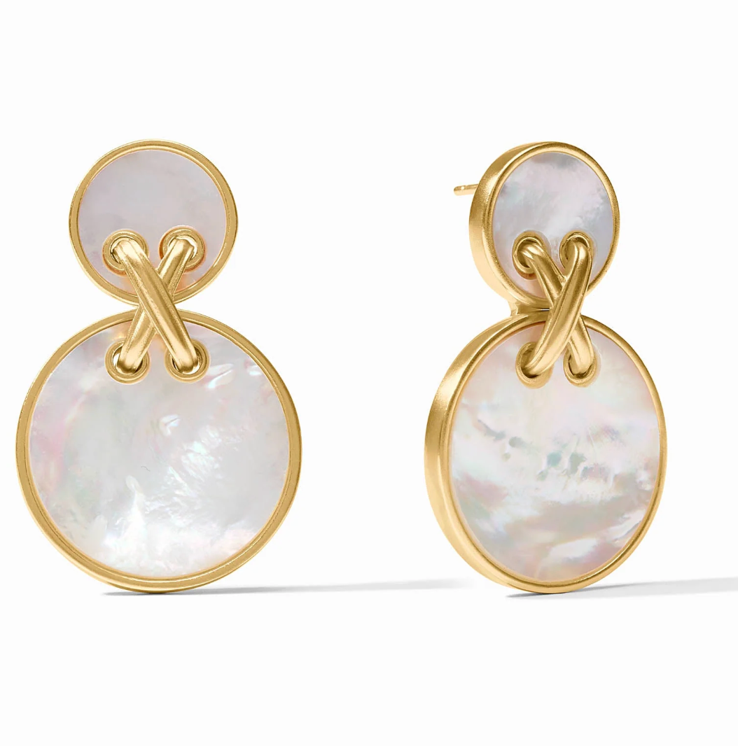 Front and side view of a pair of Essex Statement Earrings in mother of pearl, showing the two stacked gold-bezeled discs joined by a crossed gold link.