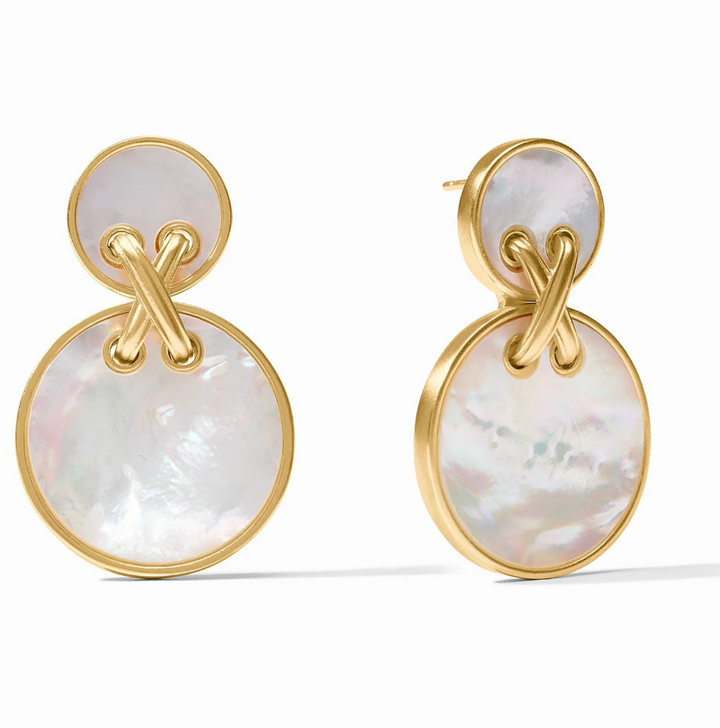 Front and side view of a pair of Essex Statement Earrings in mother of pearl, showing the two stacked gold-bezeled discs joined by a crossed gold link.