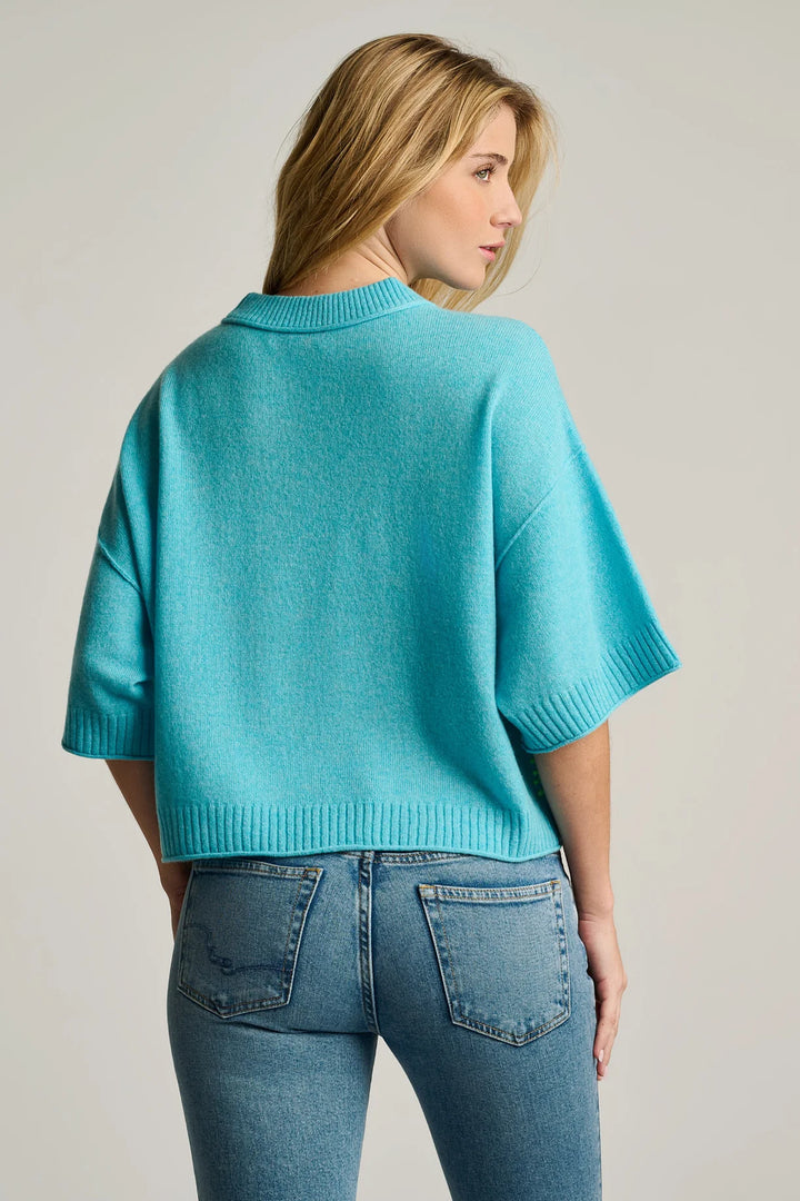 Lisa Todd Crew Mate Sweater in Blue Magic, raw-edge hem on cropped cashmere knit - back view