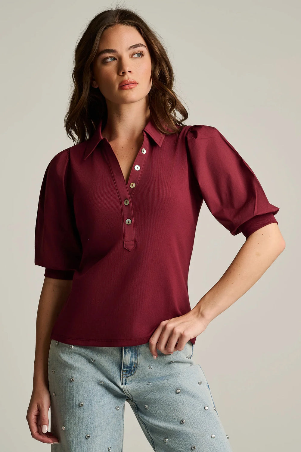 Lisa Todd Merlot Pure Rib Top - front view on model - closeup