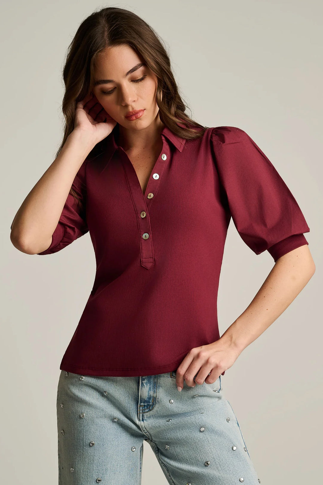 Lisa Todd Merlot Pure Rib Top - front view on model looking down