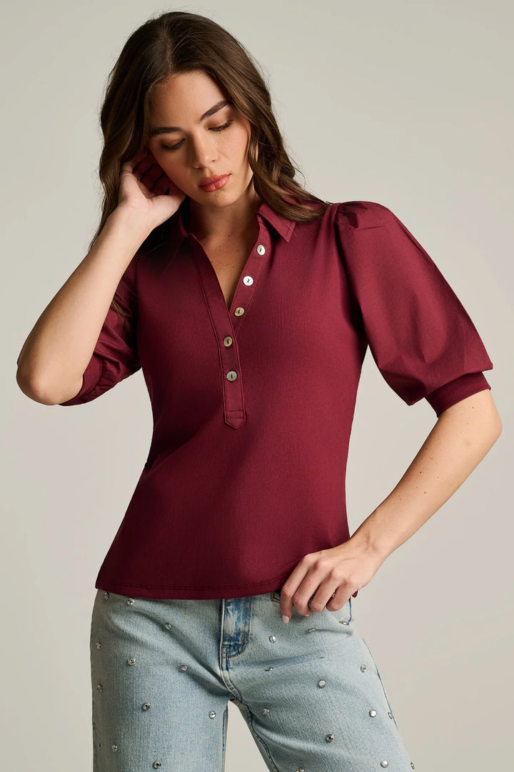Lisa Todd Merlot Pure Rib Top - front view on model looking down