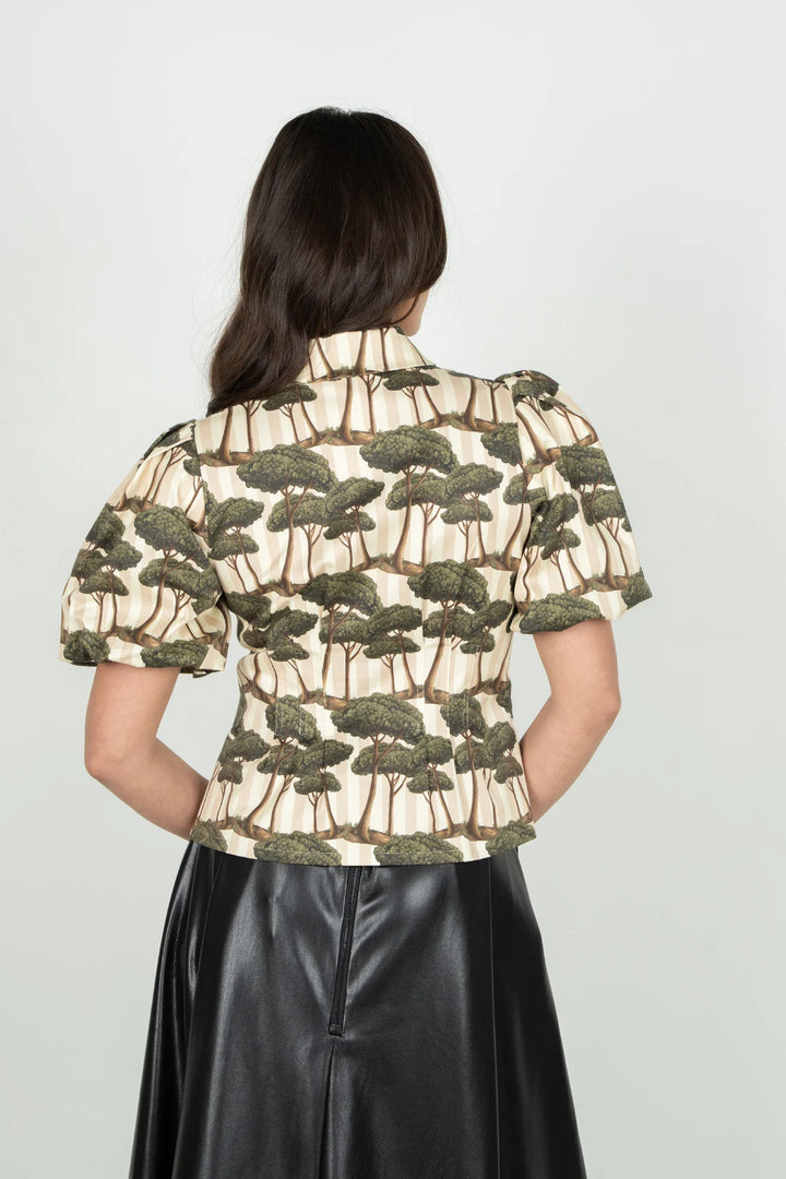 Emily McCarthy Britt Umbrella Pine Top — back view showing fold collar and bubble sleeve silhouette
