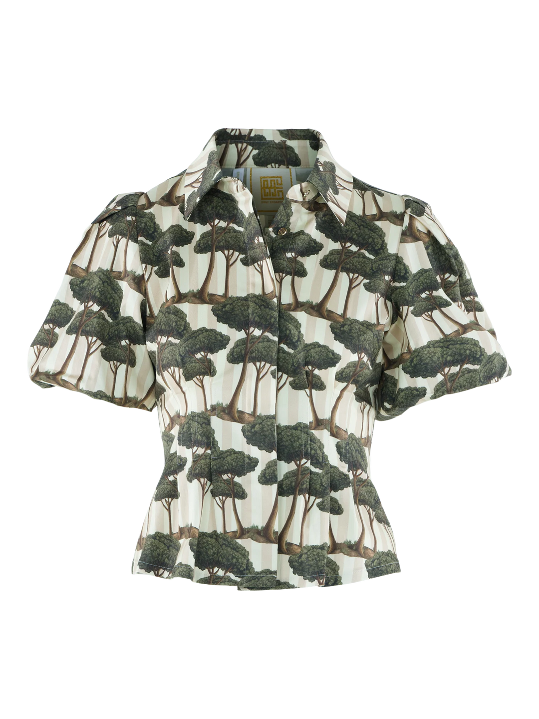 Emily McCarthy Britt Umbrella Pine Top — ghost/flat front view showing fold collar, button closure, and silhouette