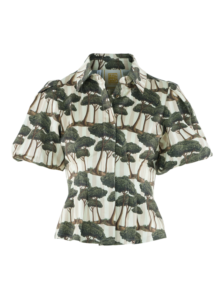 Emily McCarthy Britt Umbrella Pine Top — ghost/flat front view showing fold collar, button closure, and silhouette