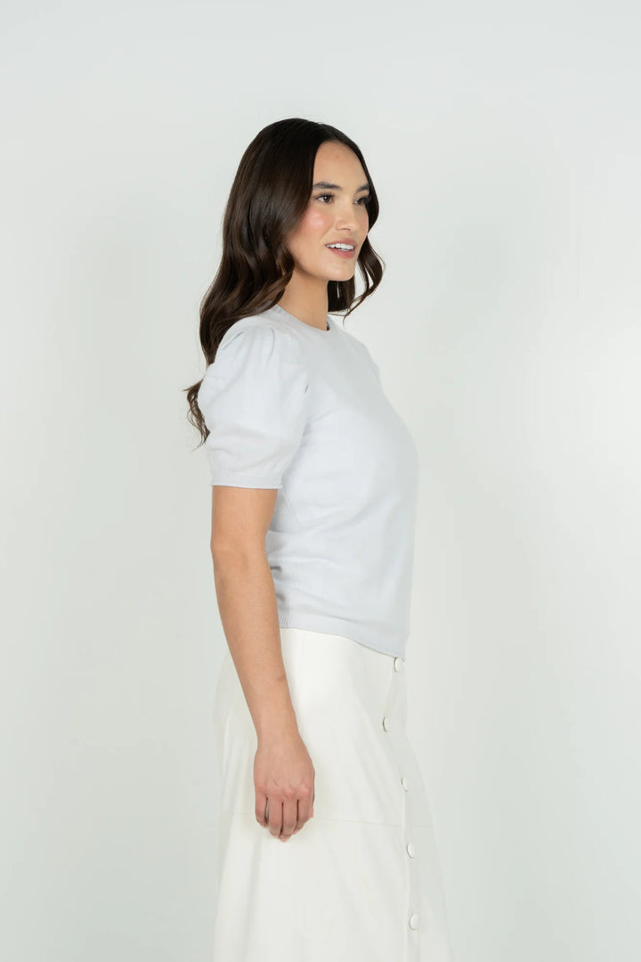 Emily McCarthy Barely Blue Crewneck Knit Sweater — side view showing silhouette and sleeve puff