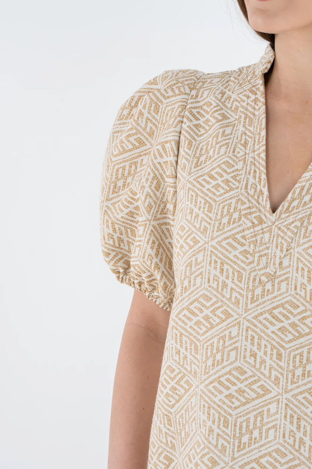 Emily McCarthy Hampton Mini Dress in Mosaic Monogram — detail view of mandarin collar, split neckline, and puff sleeve