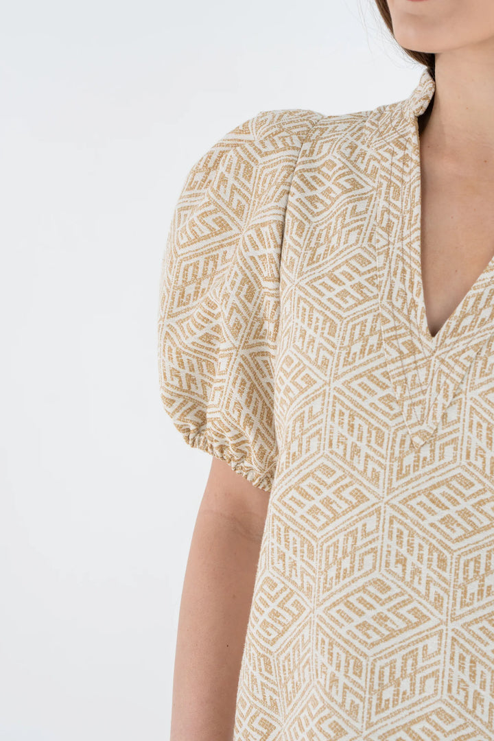 Emily McCarthy Hampton Mini Dress in Mosaic Monogram — detail view of mandarin collar, split neckline, and puff sleeve