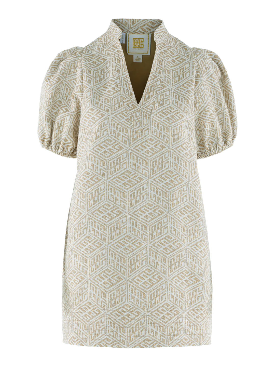 Emily McCarthy Hampton Mini Dress in Mosaic Monogram — ghost/flat front view showing collar, neckline, and silhouette