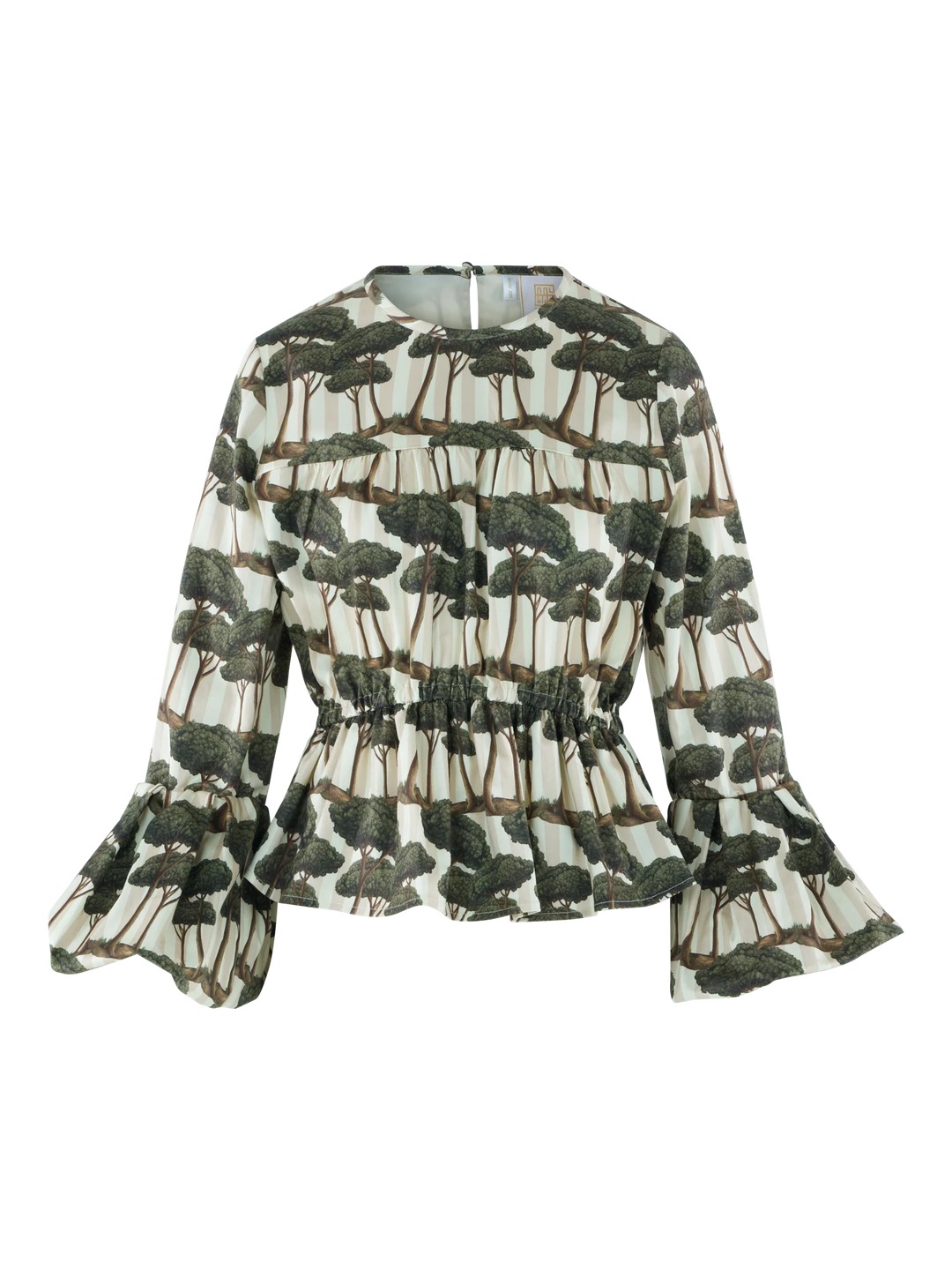 Flat lay of the Umbrella Pine print Harper Top.
