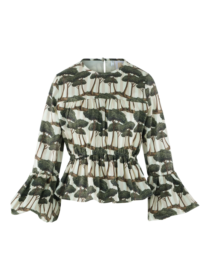 Flat lay of the Umbrella Pine print Harper Top.