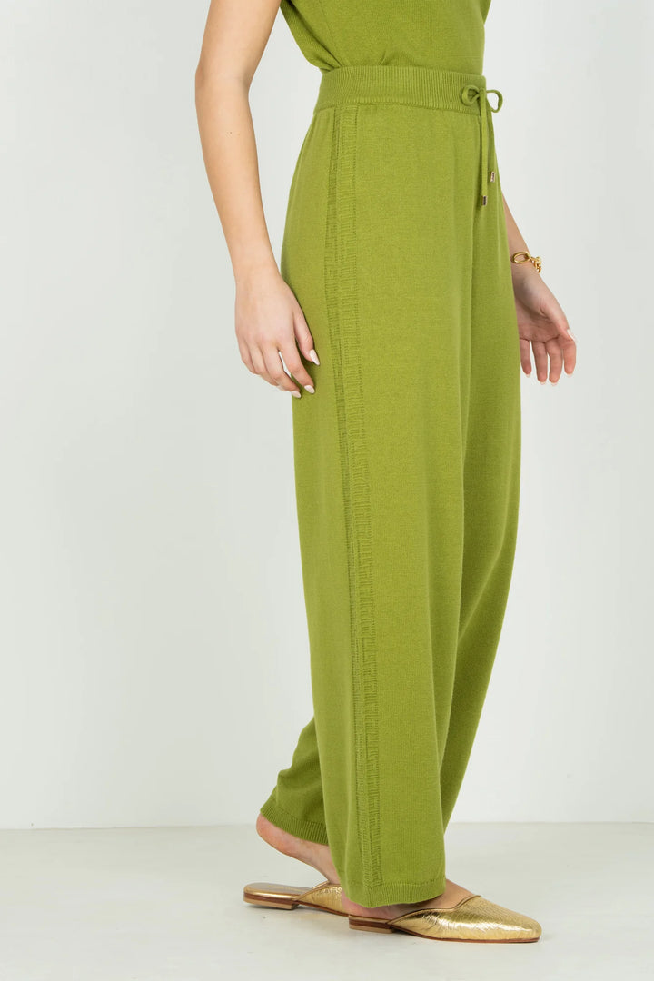 Emily McCarthy Lounge Pant in Cardamom — side view showing monogram knit detail along side seam
