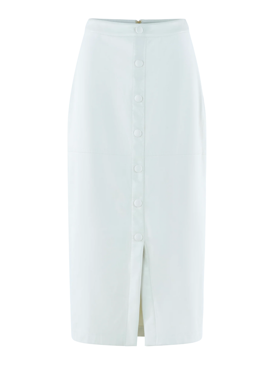 Emily McCarthy Pencil Skirt in Carrara — ghost/flat front view showing full silhouette, buttons, and slit