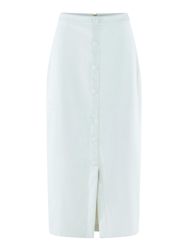 Emily McCarthy Pencil Skirt in Carrara — ghost/flat front view showing full silhouette, buttons, and slit