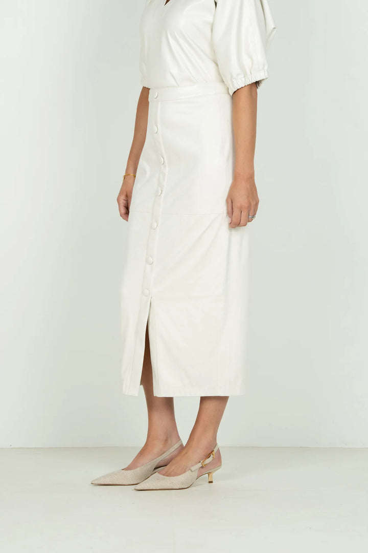 Emily McCarthy Pencil Skirt in Carrara — side view showing fitted silhouette and slit