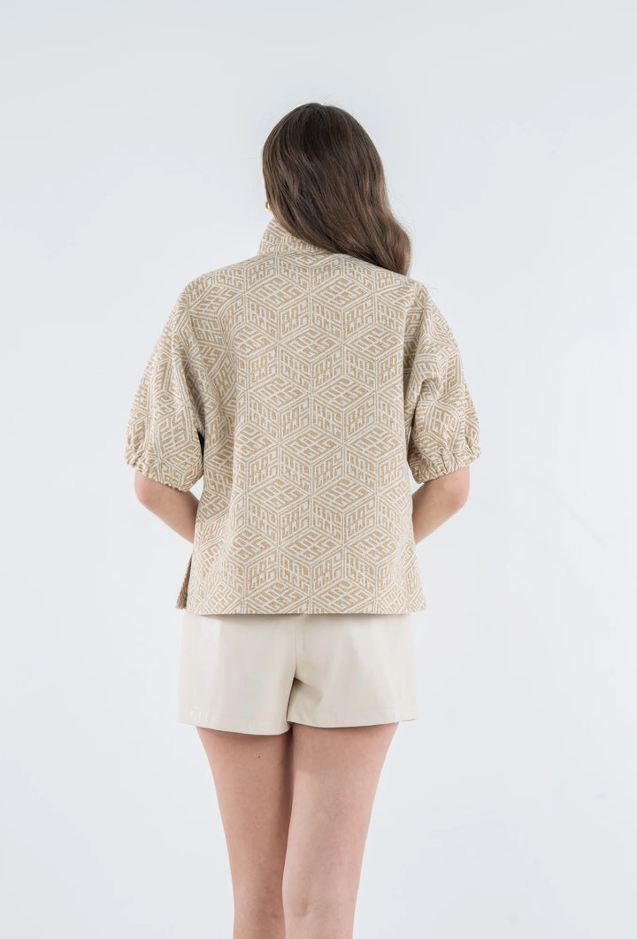 Emily McCarthy Poppy Top in Mosaic Monogram — back view showing stand collar and boxy silhouette