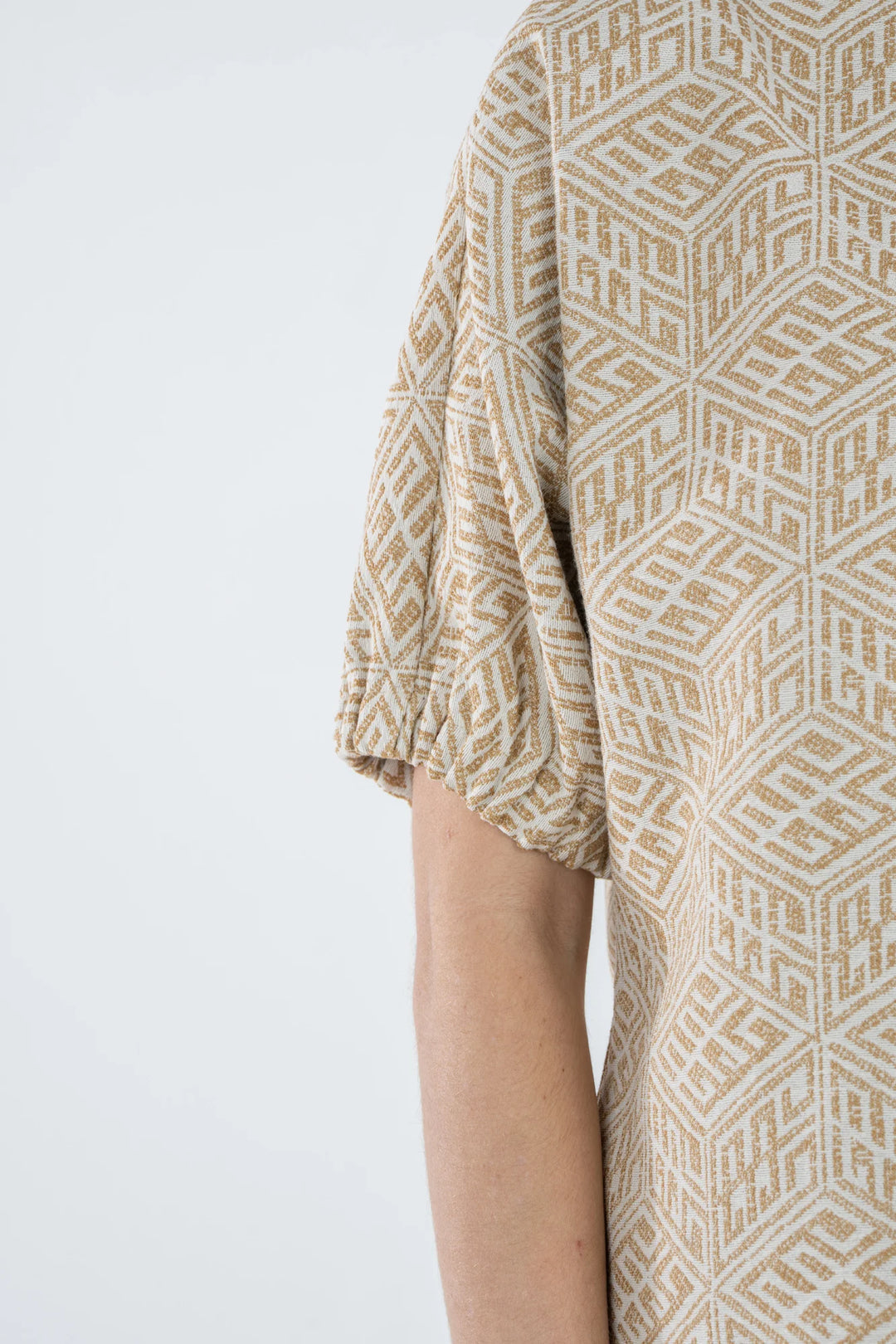 Emily McCarthy Poppy Top in Mosaic Monogram — detail view of jacquard mosaic pattern and elastic cuff