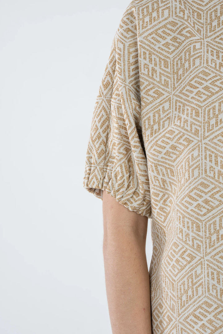 Emily McCarthy Poppy Top in Mosaic Monogram — detail view of jacquard mosaic pattern and elastic cuff