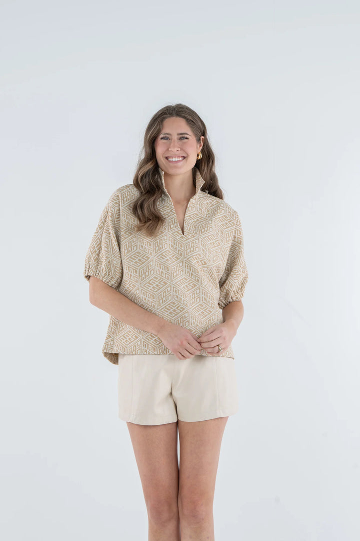 Emily McCarthy Poppy Top in Mosaic Monogram — front view styled with cream tailored shorts