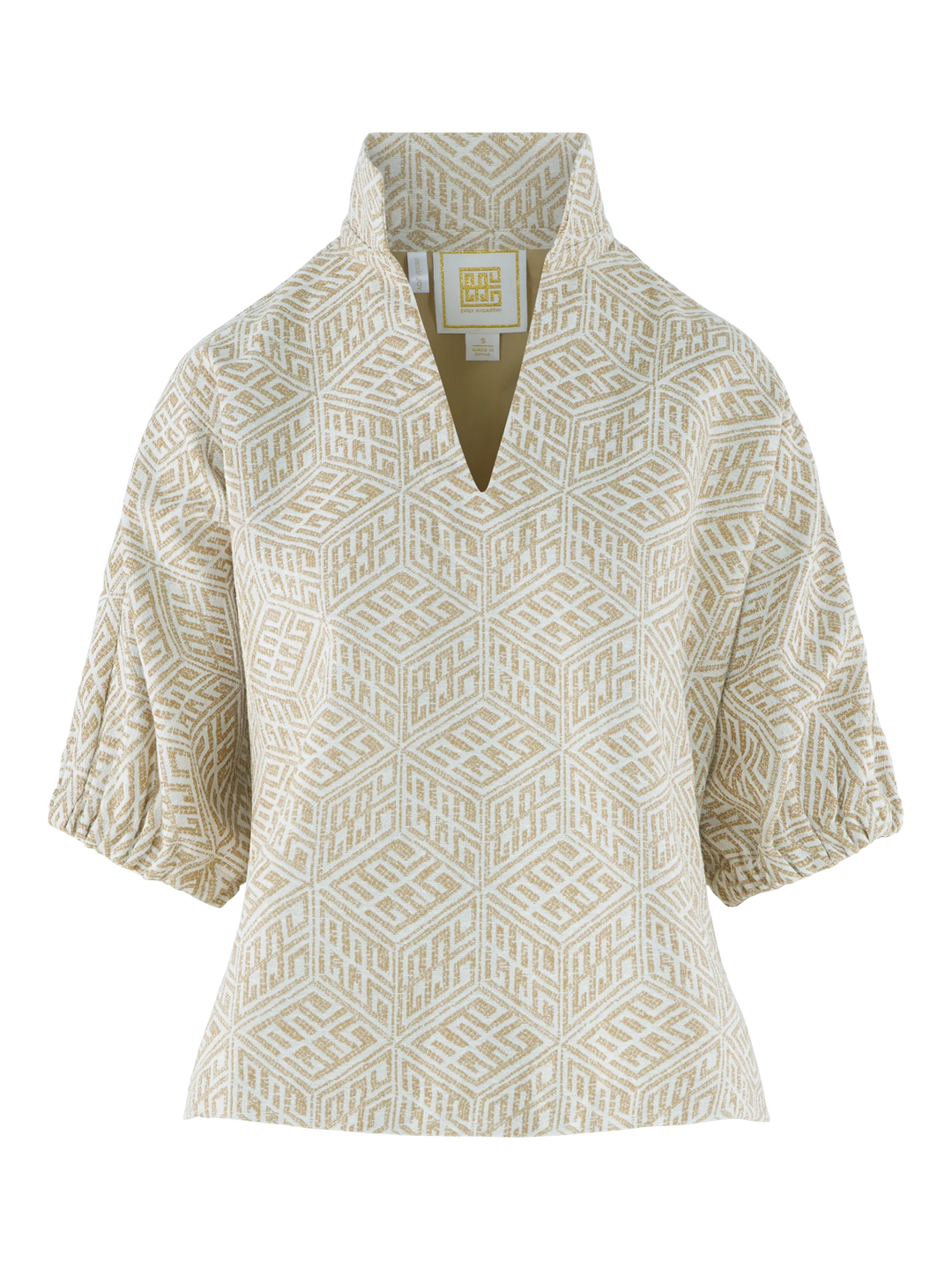 Emily McCarthy Poppy Top in Mosaic Monogram — ghost/flat front view showing collar, split neckline, and sleeve shape