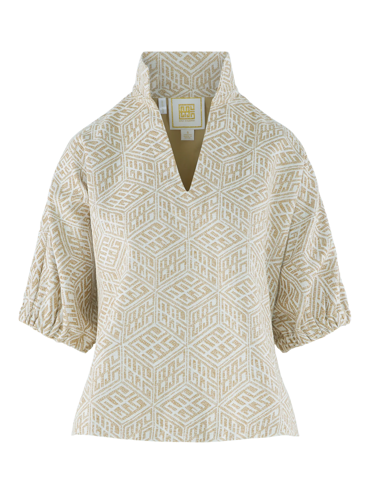 Emily McCarthy Poppy Top in Mosaic Monogram — ghost/flat front view showing collar, split neckline, and sleeve shape