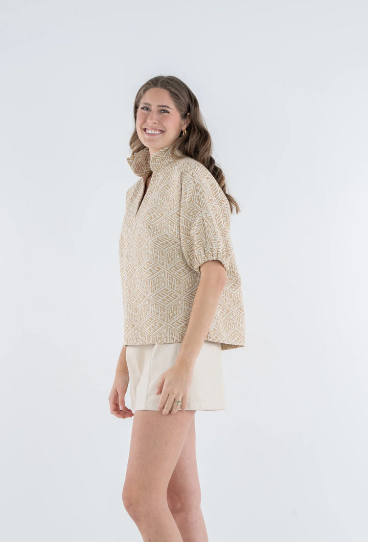 Emily McCarthy Poppy Top in Mosaic Monogram — side view showing stand collar and dolman sleeve shape