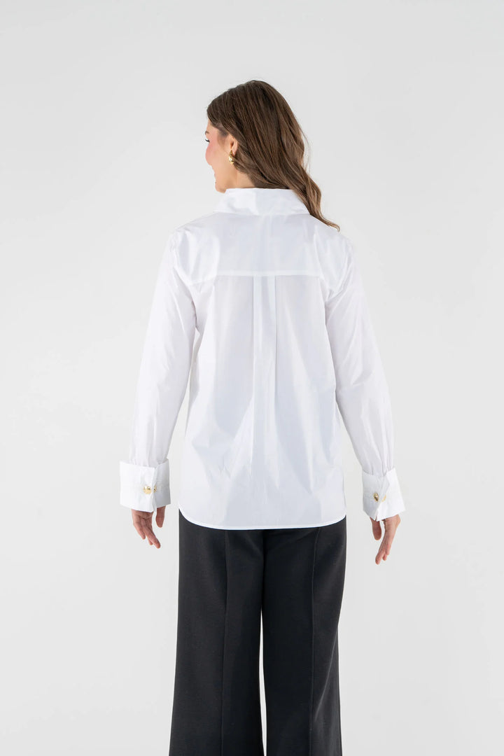 Emily McCarthy Classic Oxford Top in White — back on-model, showing back yoke and embroidered neck label 2