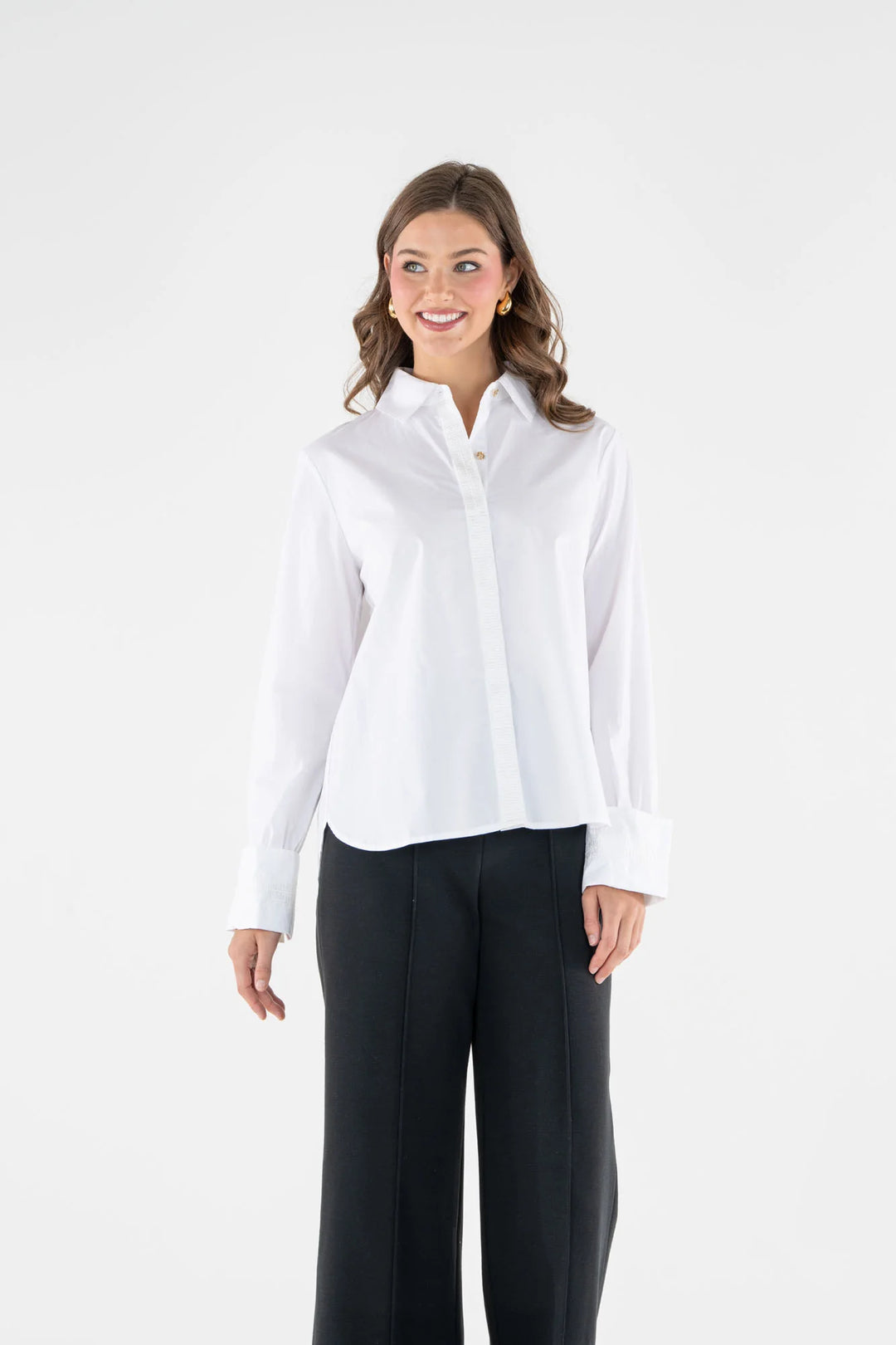 Emily McCarthy Classic Oxford Top in White — front on-model, styled with black wide-leg cropped trousers