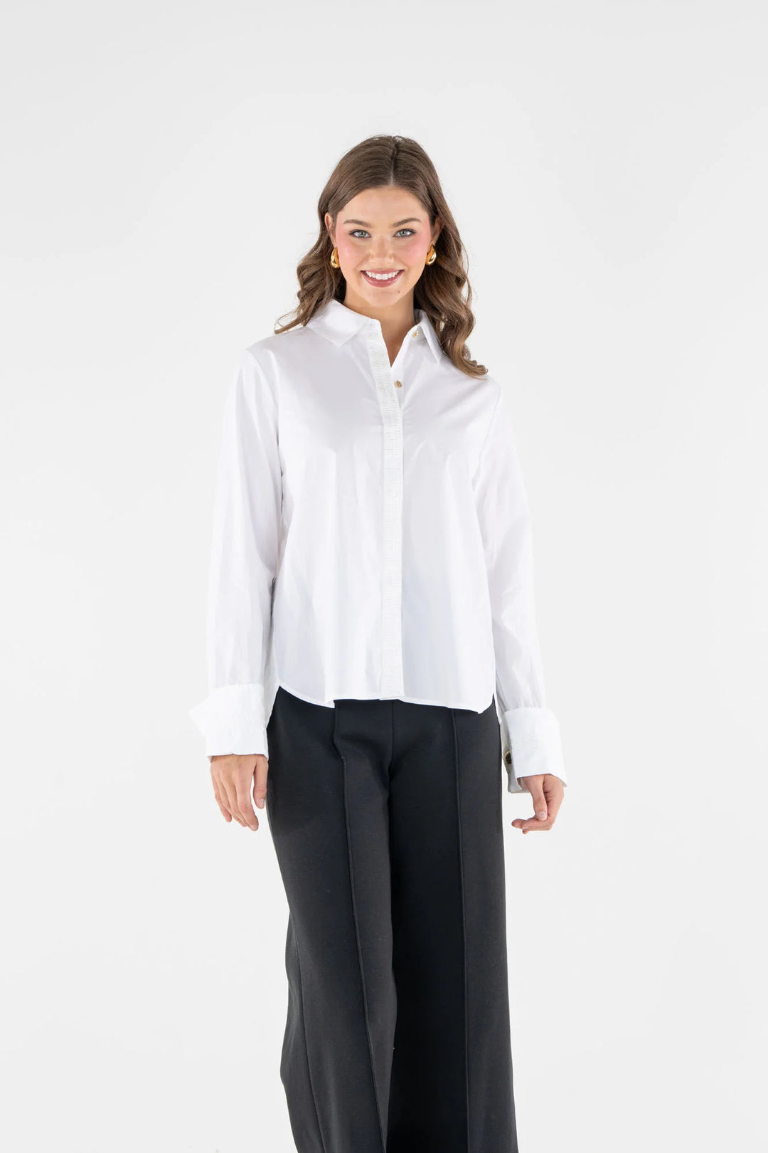 Emily McCarthy Classic Oxford Top in White — front on-model, styled with black wide-leg cropped trousers 3