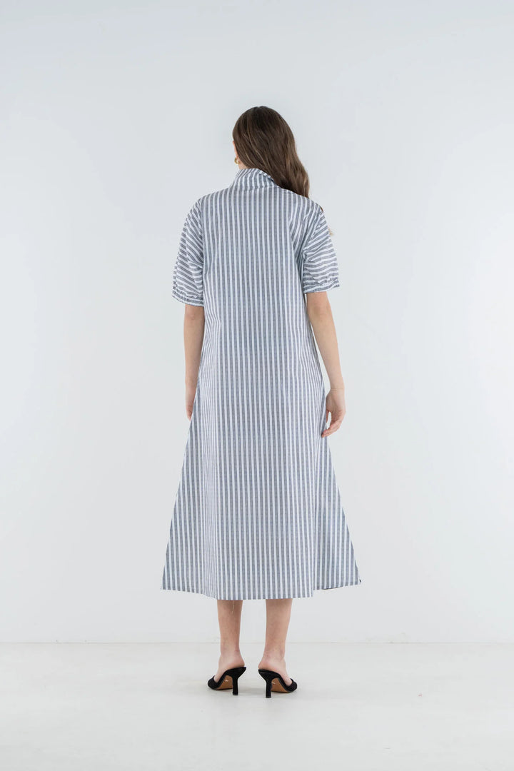 Emily McCarthy Poppy Maxi Dress in Black Stripe — back on-model, full length