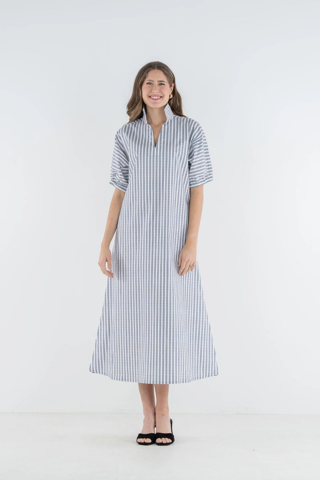 Emily McCarthy Poppy Maxi Dress in Black Stripe — front on-model, full length