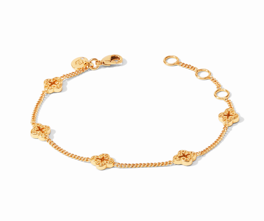 Julie Vos Florentine Delicate Bracelet, flat lay product view showing full quatrefoil station layout