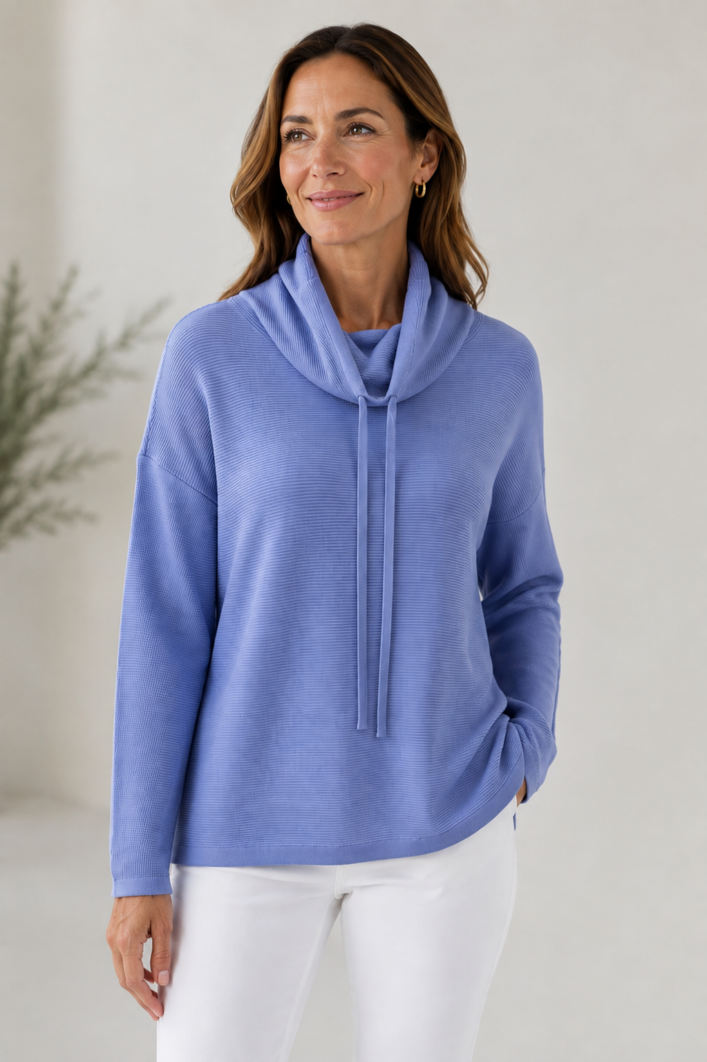 Elliott Lauren Iris Waffle Stitch Funnel Sweater — front view styled with white denim